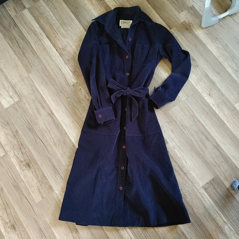 Vintage Corduroy Navy Button Down Midi Length Shirt Dress